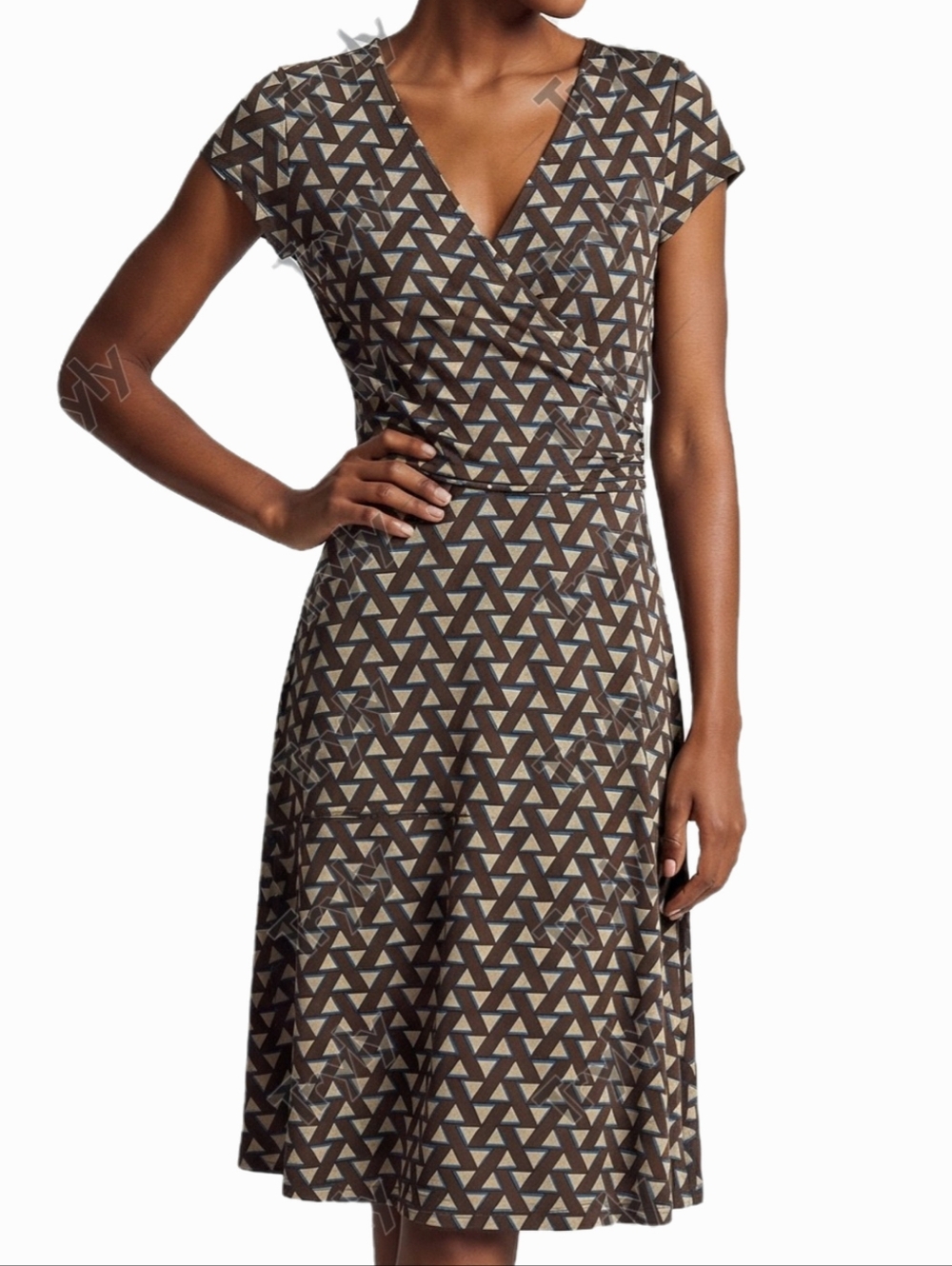 Jersey Midi A-Line Wrap Style Dress - Geometric Pattern